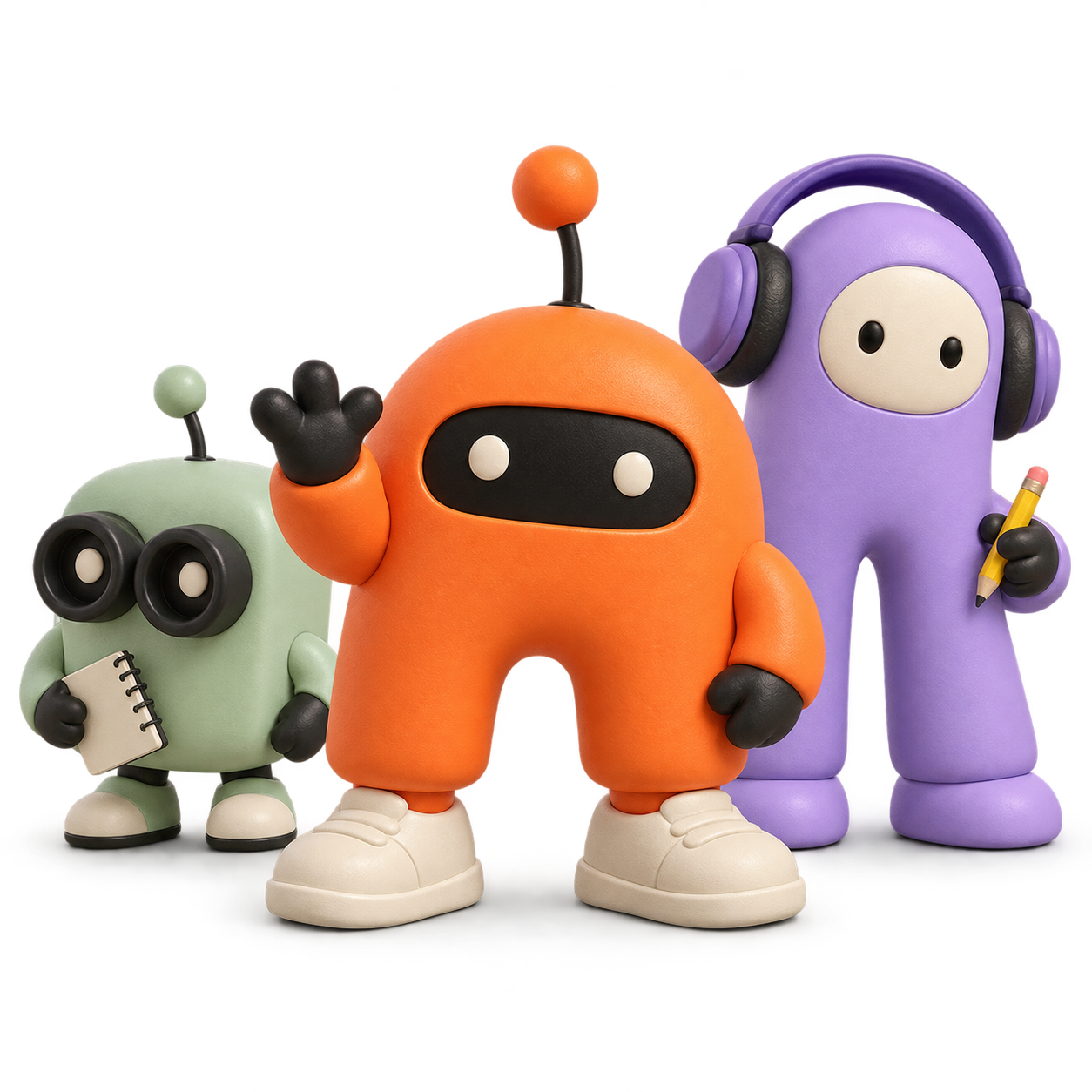 Pip, a mint robot with curious binocular eyes; Moxie, a waving orange robot; and Echo, a purple robot wearing headphones.